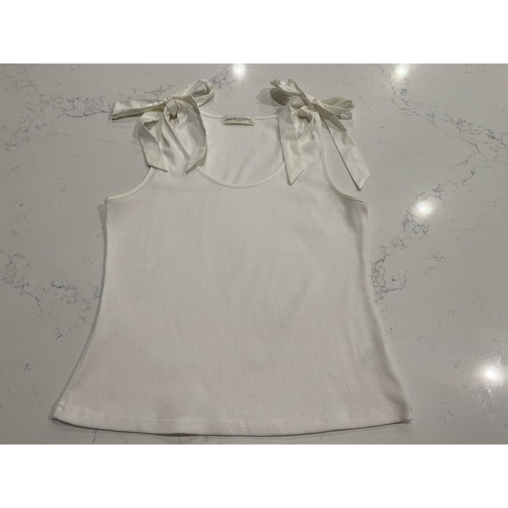 Pants Store White Ribbed Tank Top Large EUC Coquette Aesthetic Satin Bow